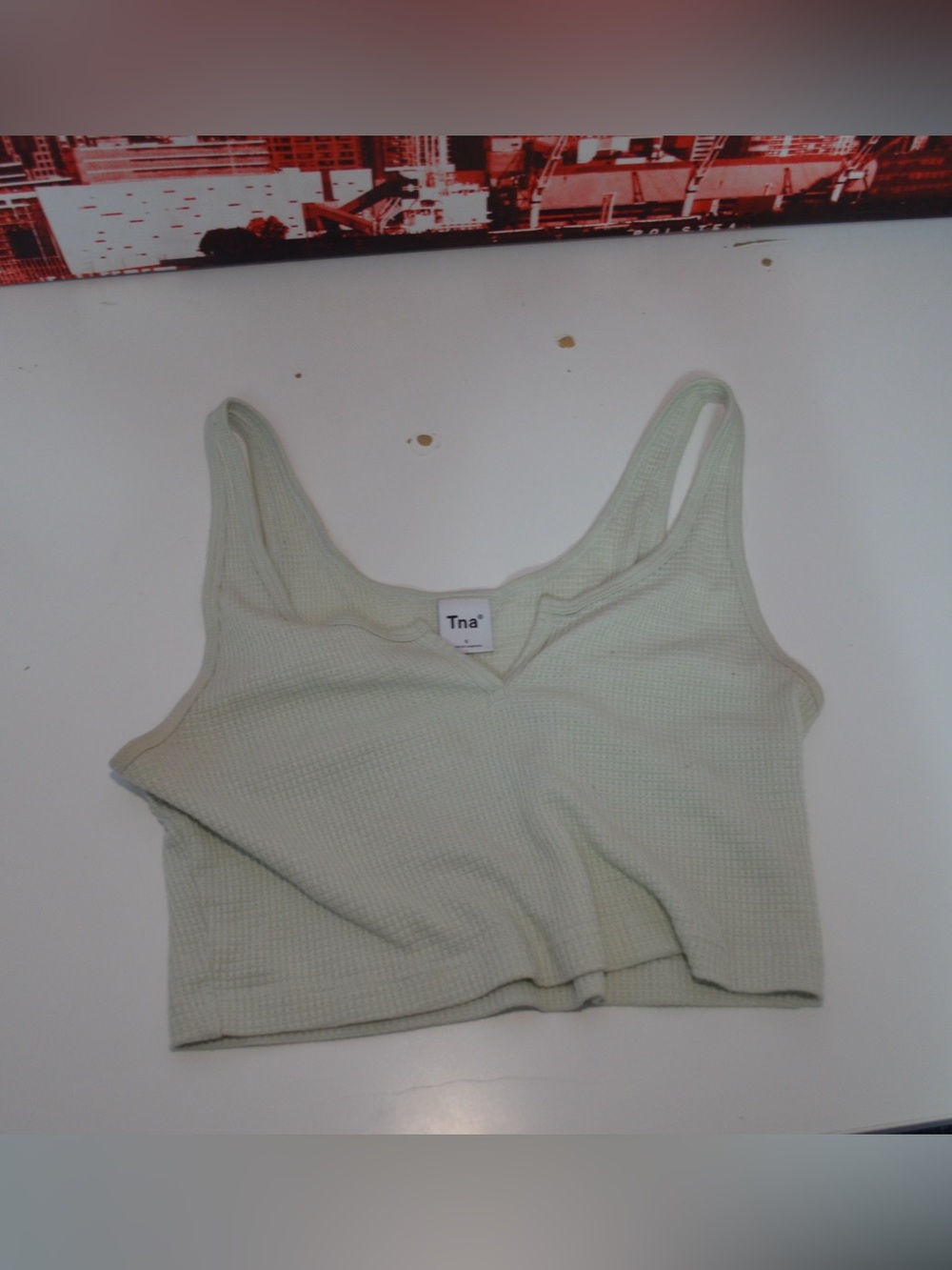 TNA Cropped Waffle Tank Top in Sage Green